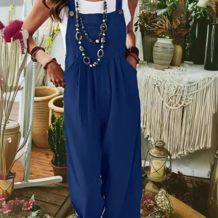 2024 deseo de las mujeres Amazon eBay engrosada algodón lino color sólido sin mangas bolsillo casual pierna ancha hebilla lateral mono
