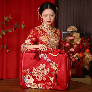 结婚包袱皮刺绣大号红嫁妆新娘陪嫁喜盆包裹布包袱布婚庆用品批发