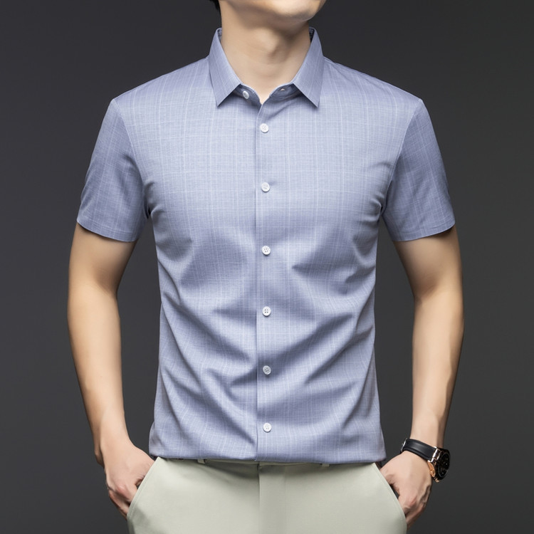 批发跨境外贸格荣模特图26708亚麻无痕衬衫灰色蓝色现货真丝可机