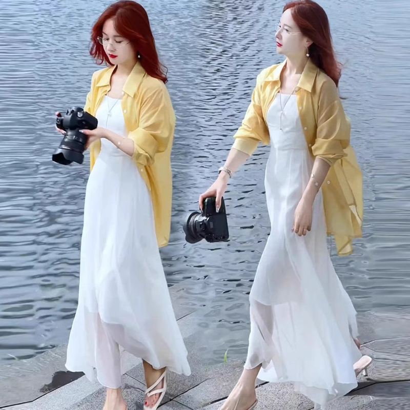 Beach Strap Dress for Women, Sun-Protective Shirt, 2026 Summer Hot Style, Stylish Set with a Full Set of Gauze Skirts, Two-Piece Set