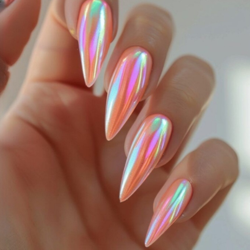 24 Pieces of Chrome-Plated Wearable Nails, Manicure Wholesale Finished Patches, 24 Pieces of Electroplated Almond Pink Aurora Wearable Nails