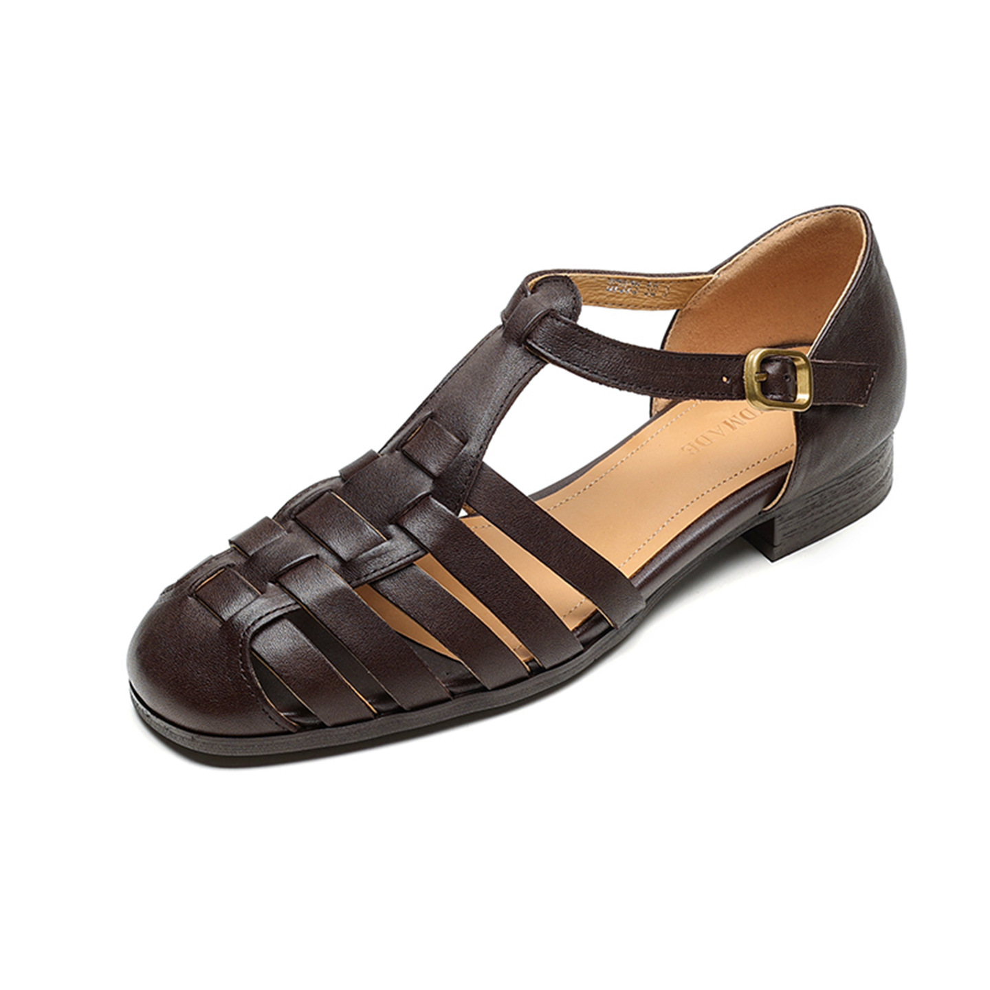 Sandal nữ da bò dệt rỗng quai chữ T phong cách Anh, mũi tròn đế bệt La Mã — màu nâu chi tiết 23
