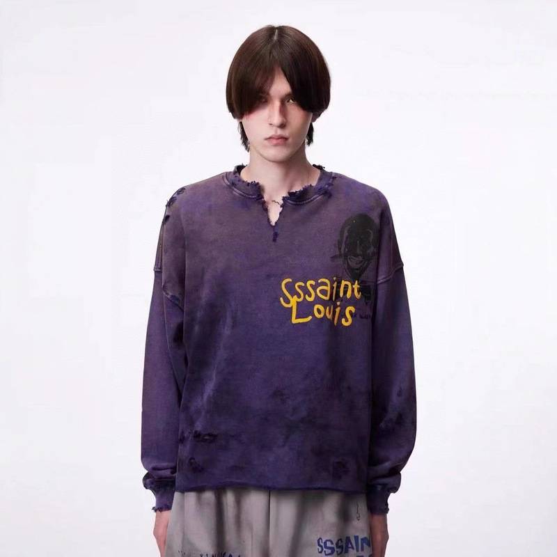 Sssaint Louis 25Ss Collar Ripped Washed Distressed Round Neck Sweatshirt for Men and Women, American Casual Trend