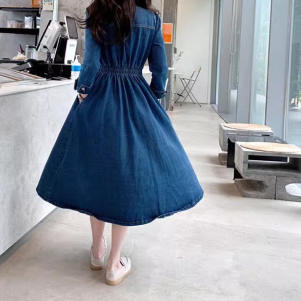 (2개) 한국 스타일의 우아한 긴 소매 데님 원피스 여성의 2024 가을 새로운 허리 긴 원피스 느슨한 슬리밍 A 라인 스커트