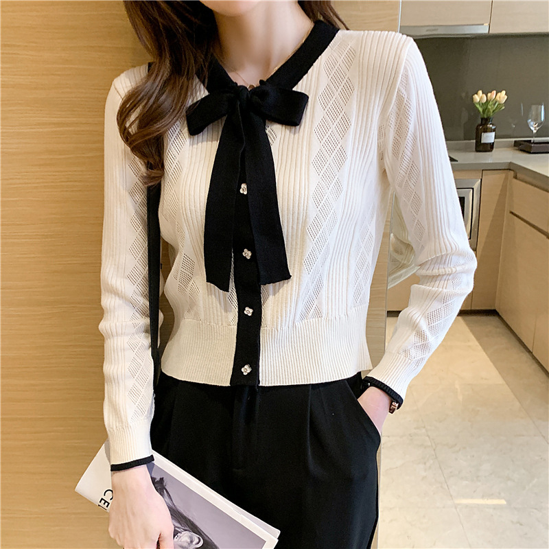 Real shot in stock autumn new bow small fragrant style sweater pullover women's sweet foreign style sweater base shirt