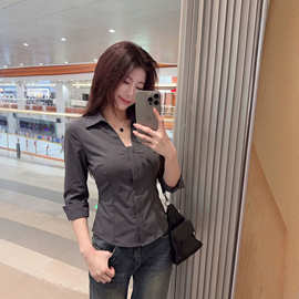 大码女装胖MM美式POLO衫中袖翻折女夏季收腰显瘦修身