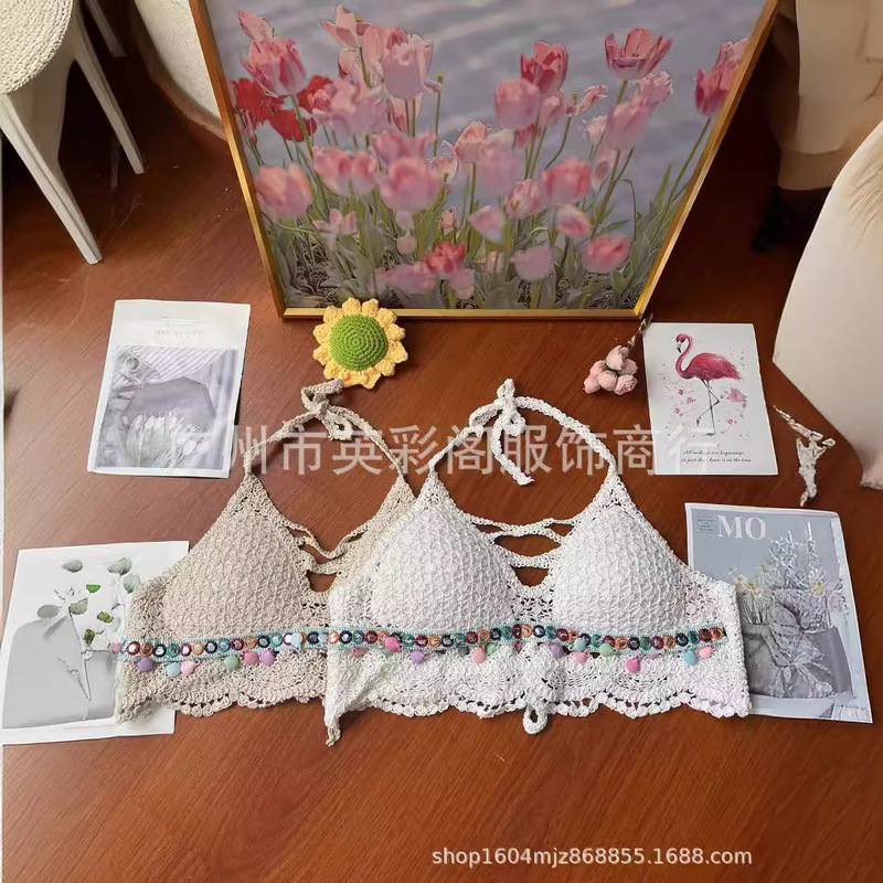 Bohemian Camisole, Halterneck, Off-Shoulder Straps, Chest Pads, Backless Cut Out Tube Top, Embroidered Vest for Women