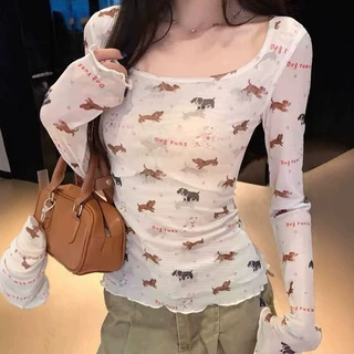 秋季甜辣妹趣味小狗印花长袖T恤女设计感修身打底衫别致内搭上衣