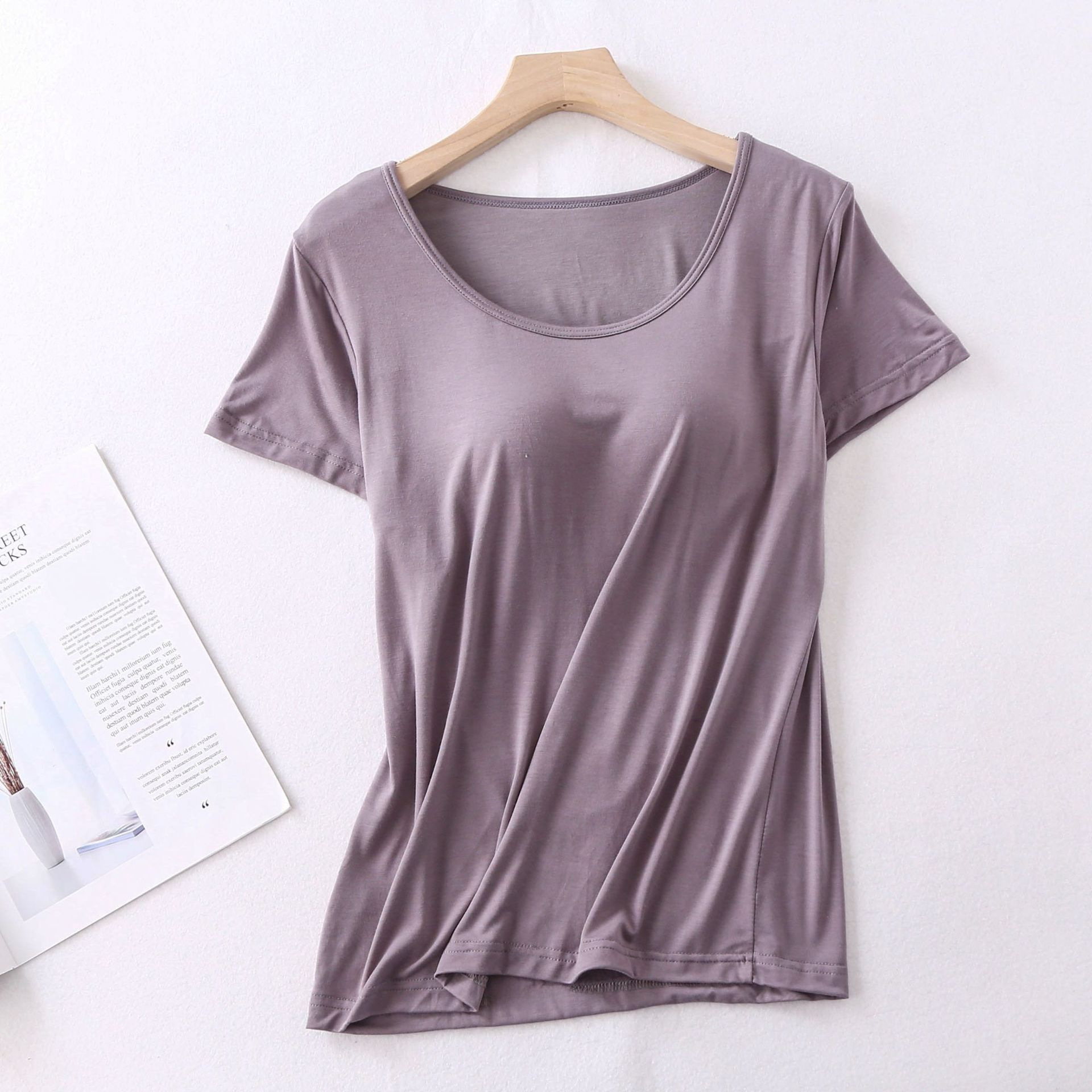 Set pigiama a maniche corte da donna in modal con cuscinetto per il petto, coppa a cinque dita, grandi dimensioni, senza reggiseno, pantaloncini larghi a mezze maniche, abbigliamento per la casa_voghion.com