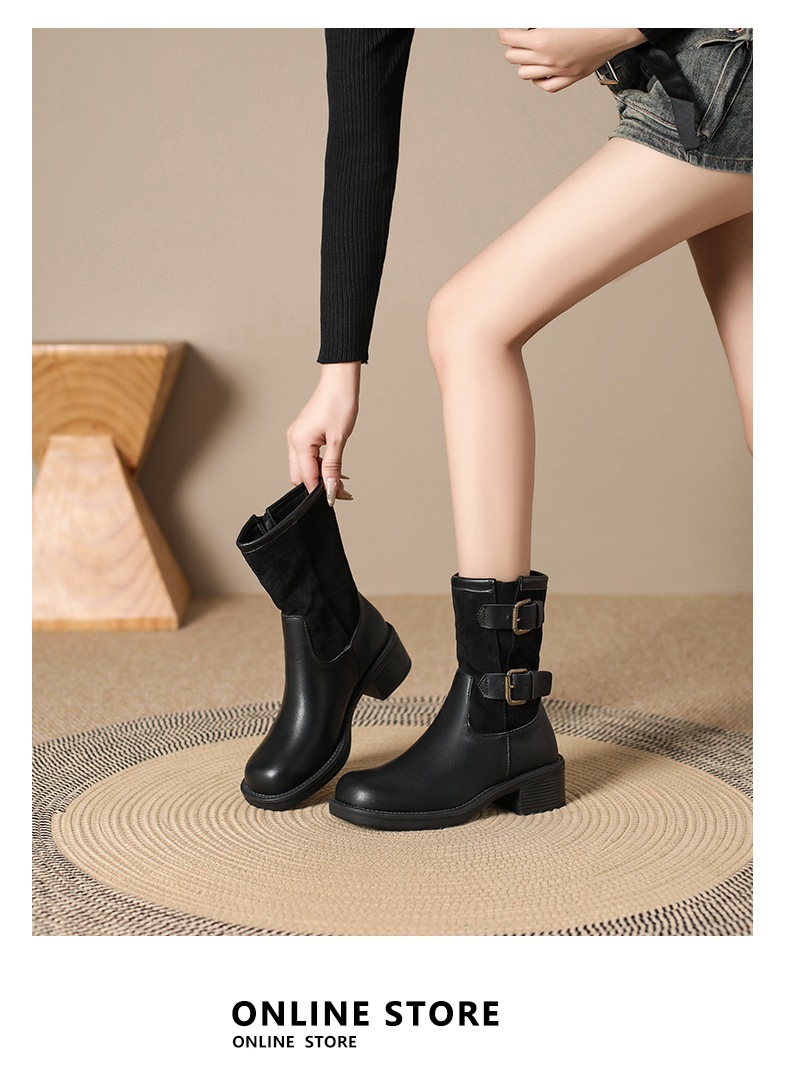 Vintage high-heeled booties Women's boots New fall/winter belt buckle mid-calf single boot chunky heel boots_voghion.com