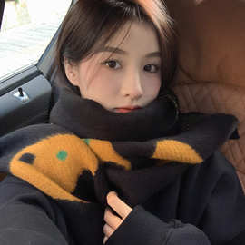 新款撞色针织围巾女秋冬天韩版方形加厚保暖学生情侣毛线披肩围脖