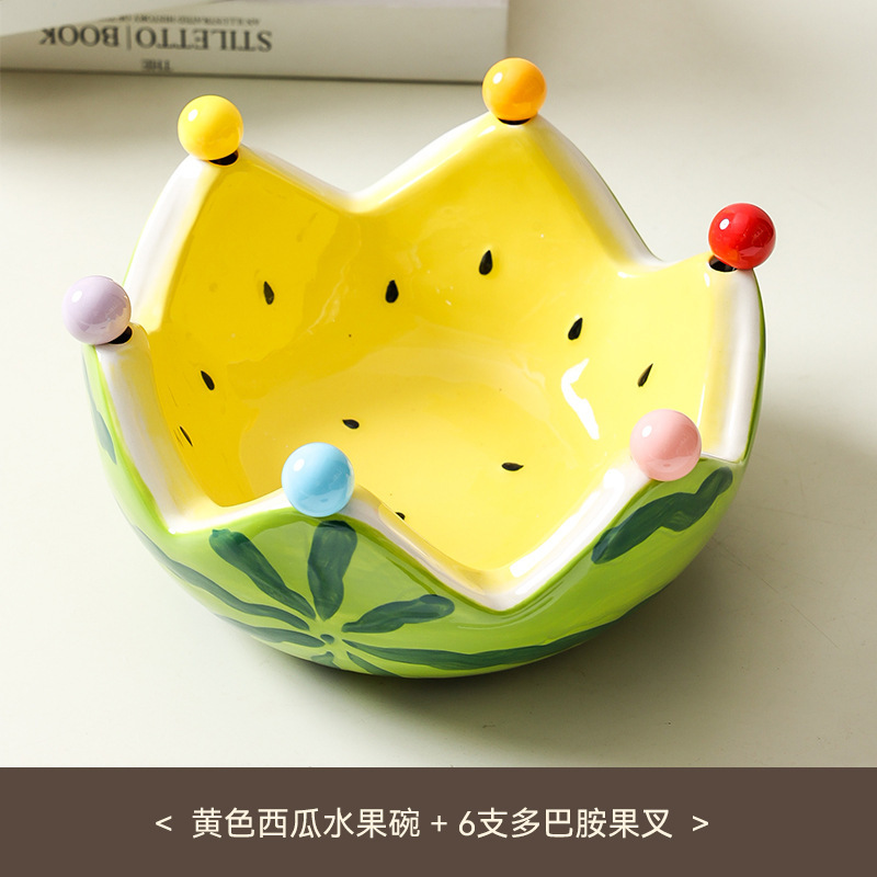 陶瓷西瓜水果碗带叉子家用客厅茶几水果盘碗创意可爱不锈钢叉套装|undefined