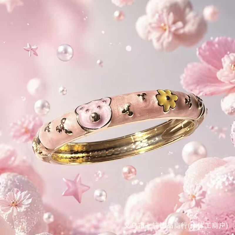 Summer New Bear-Themed Children's Bracelet, Cross-Border Hot-Selling Alloy Enamel Color-Drip Craft Jewelry with Cloisonné Floral Design