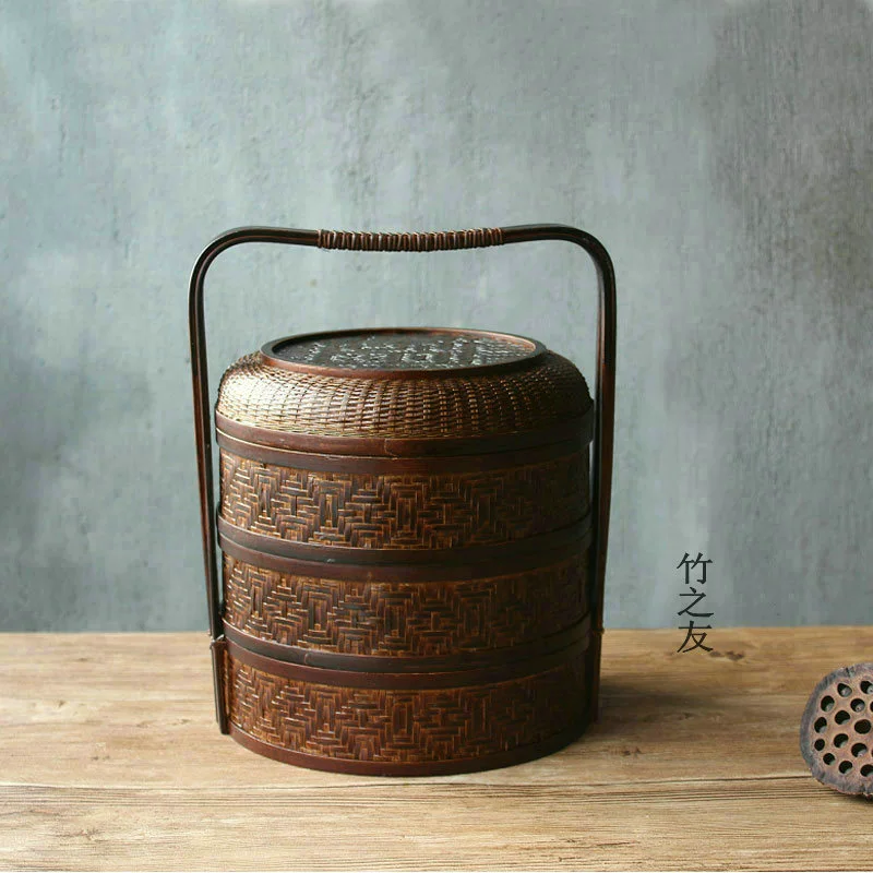 Бамбуковая коробка для еды, портативная корзина для хранения в стиле ретро, ​​корзина, бамбуковая корзина, бытовая ручная работа, фермерский дом, изделия из бамбука