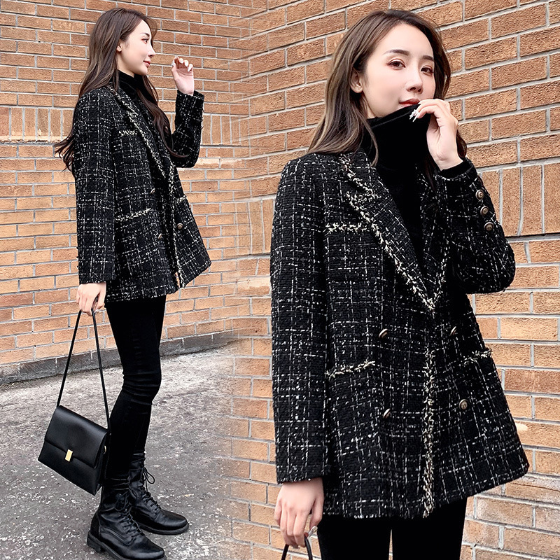 2024 Autumn and Winter New Women's Loose Plaid Woolen Jacket Chanel Style Tweed Socialite Stitching Small Suit