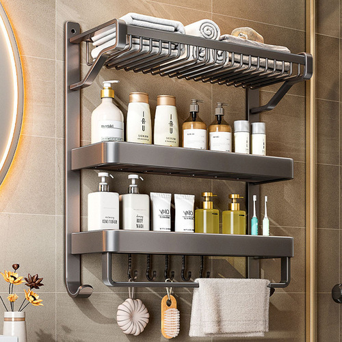 Integrated No-Drill Bathroom Shelf Set, Wall-Mounted Towel Rack and Storage Unit, Space Aluminum, for Toilet and Bathroom