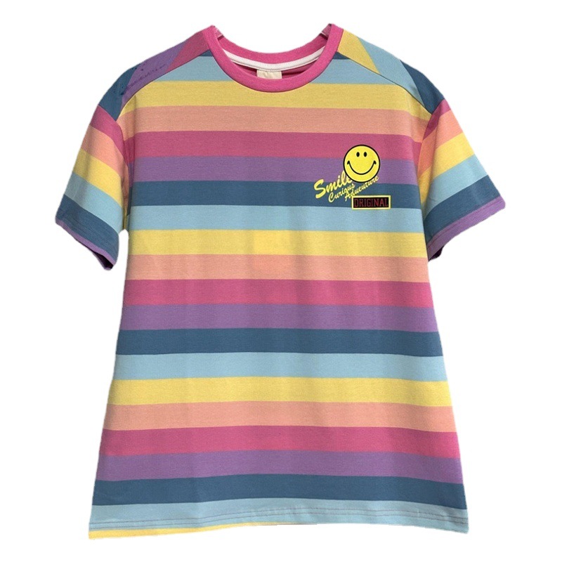Falda de camiseta de manga corta para niñas 2023 Verano nuevo vestido de arco iris suelto de estilo occidental de longitud media para niños medianos y grandes