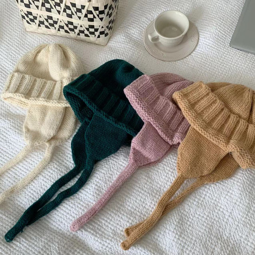 Ins Korean Autumn/Winter Warm Pure Color Knitted Wool Ear Hat, Versatile Cute Hooded Hat for Girls and Boys, Retro Cold Hat