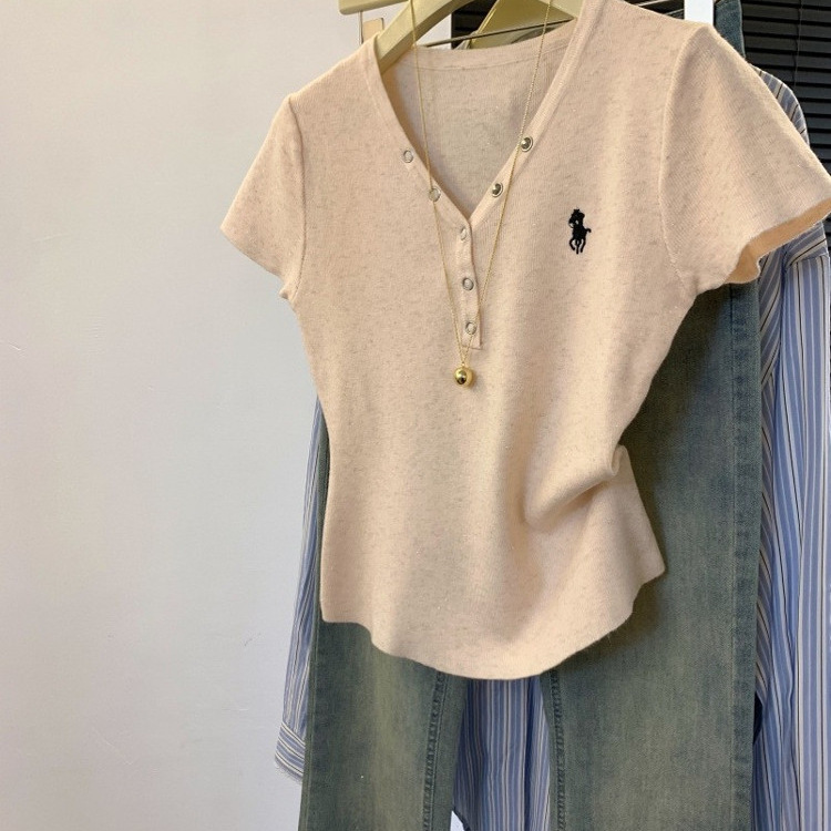 zdm プラスサイズ 150kg 個別におすすめ〜ポニー刺繍半袖 Tシャツレディース夏ボタン V ネックニットトップスイン|undefined
