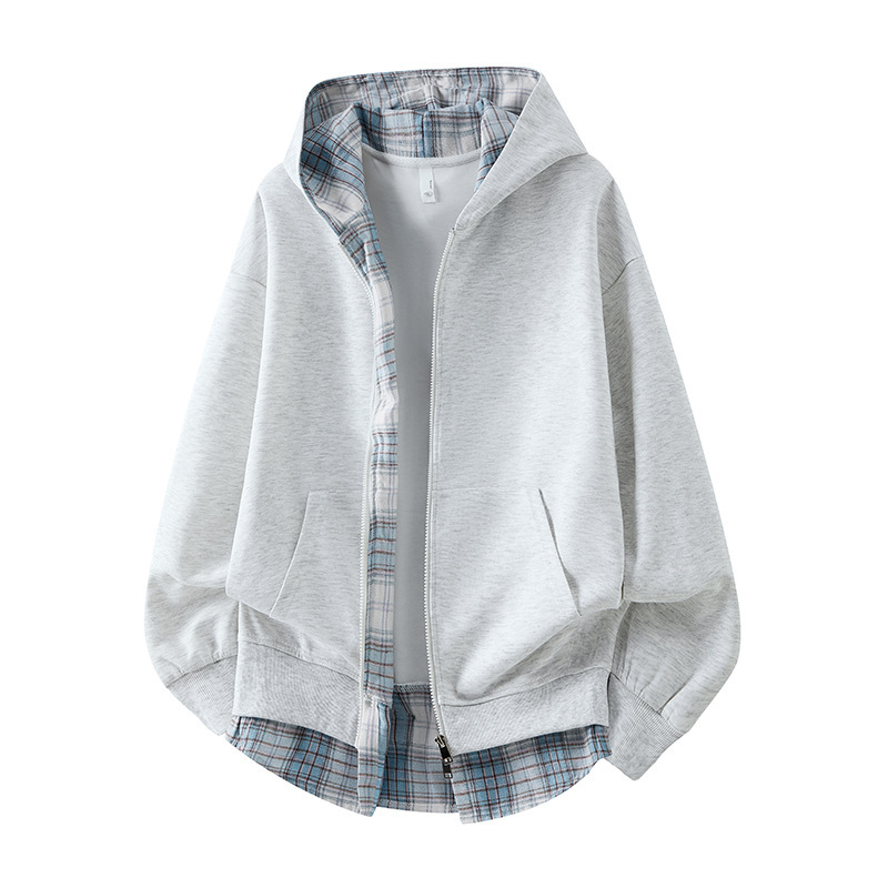 Autumn New Style Fake Two-Piece Cardigan Plaid Hooded Sweatshirt for Men and Women, Trendy Double-Ended Zipper Loose Couple Style Jacket