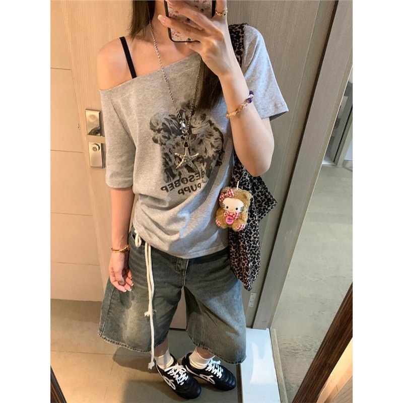 21支纯棉复古斜肩短袖T恤女新款休闲宽松显瘦一字肩狗狗印花上衣|undefined