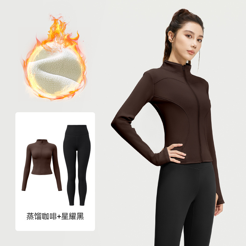 Juyi Tang otoño y invierno más terciopelo engrosado conjunto de ropa de yoga desnudo sensación delgada alta elástica a prueba de viento conjunto de acondicionamiento físico mujer