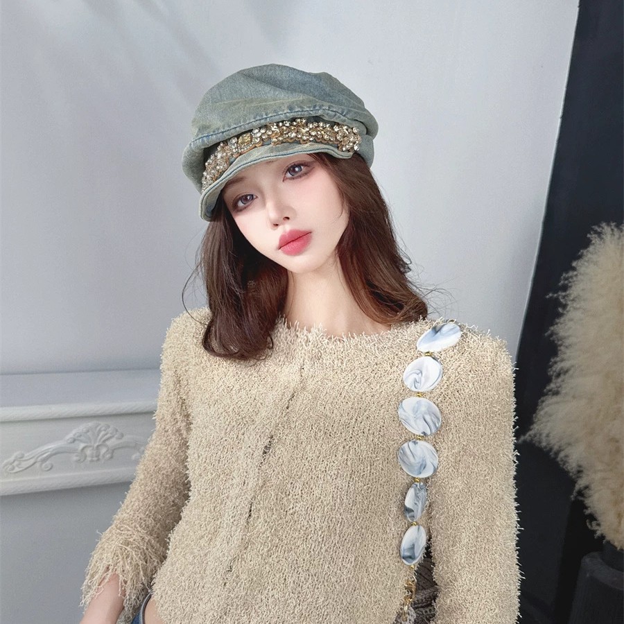 Chapéu octogonal feminino com aba alta e strass, ideal para outono e inverno, adequado para cabeças grandes, quente e com estilo vintage._voghion.com