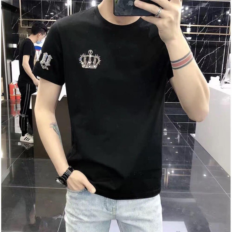 European Fashion Brand Crown Hot Diamond Short sleeved Men's High end Cotton Half Sleeve Versatile T-shirt Bottom_voghion.com