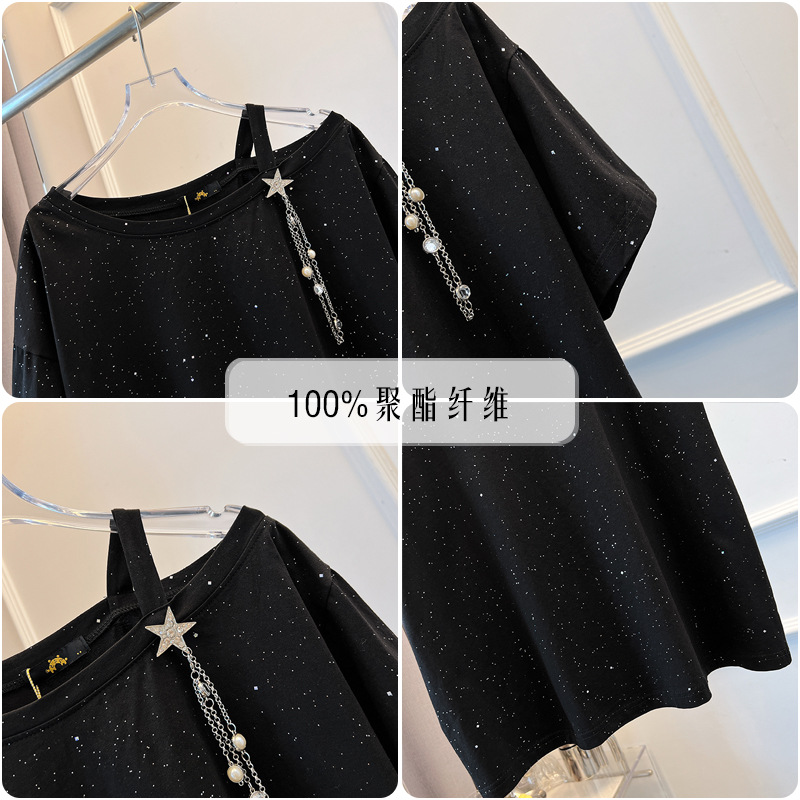 60.00 kg-150.00 kg Plus Size Short Sleeve 2023 Summer New Fat Girl Shoulder Strap Collar Loose Casual T-shirt Women's Clothing