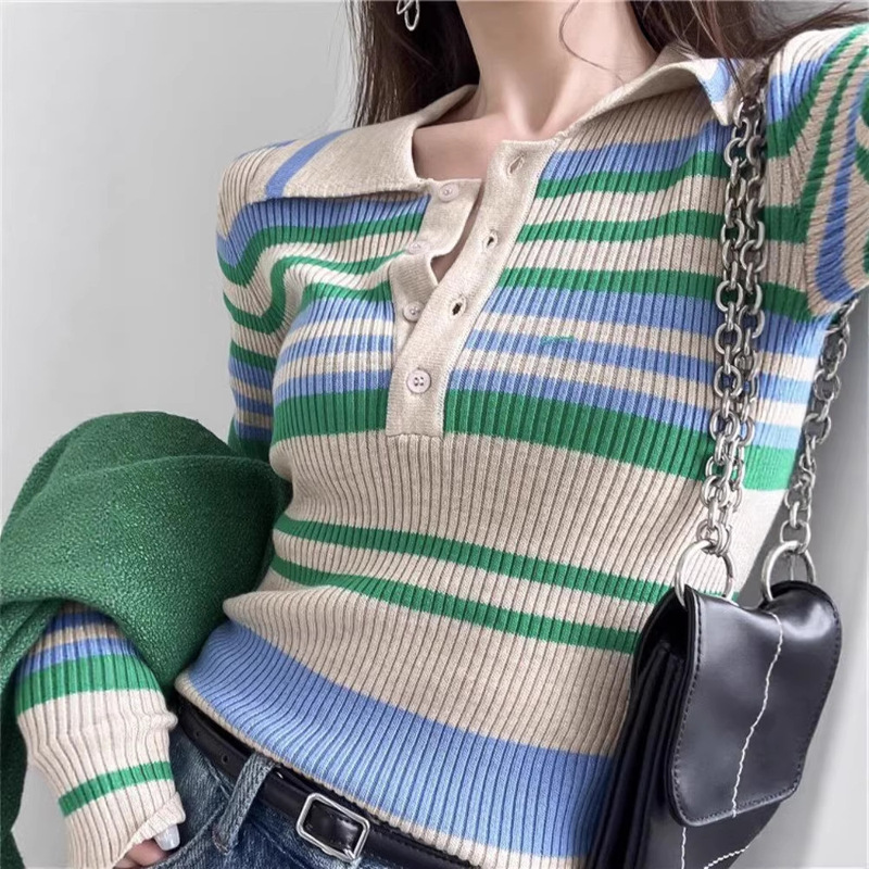 Early Spring 2026 New Striped Base Shirt for Women, High-End Polo Collar Long-Sleeve Chic Knit Top