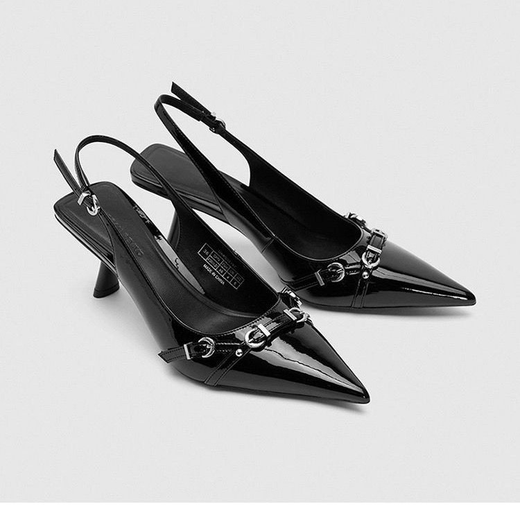 Black High-heeled Pointed-toe Backless Shoes, 2025 Summer New Style, Small Buckle Strap, Thin Heel Sandals, Versatile To_voghion.com