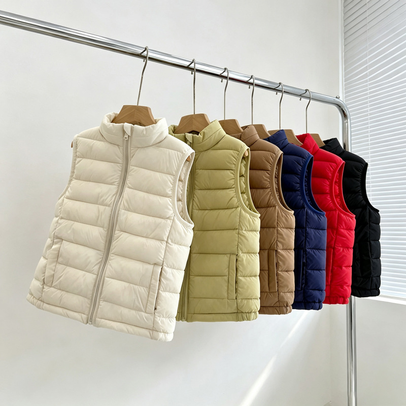 Wholesale children's vests 2026 new autumn and winter ribbed cotton vests for boys and girls, stand-up collar, lightweight outerwear vests