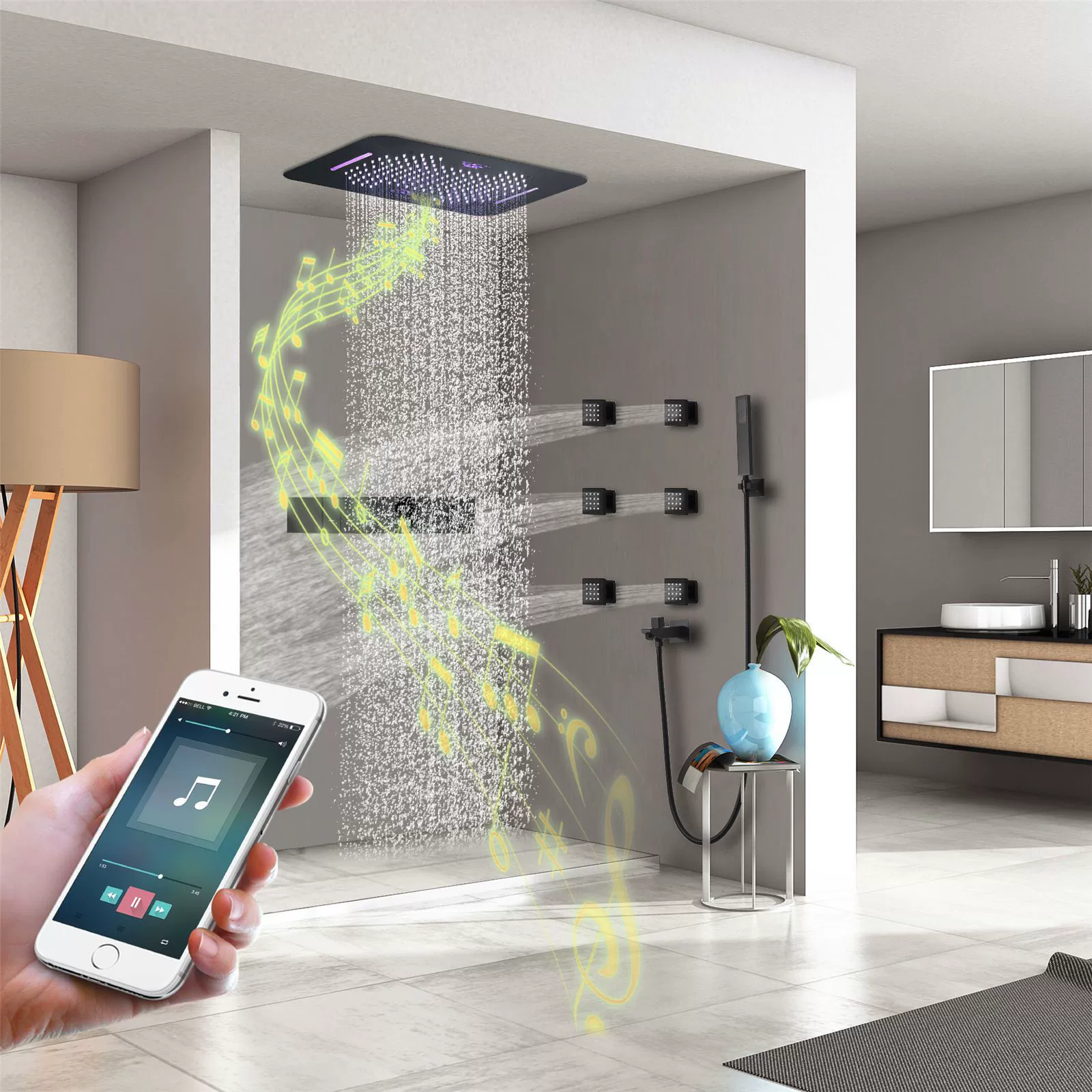 Светодиодный душ кнопка цифровой дисплей с постоянной температурой душевой набор 580x380mm два функции светодиодная музыка сверху черный