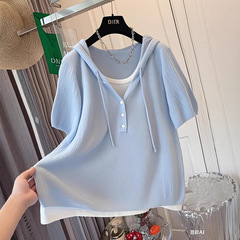 [スリムデザイン] 偽ツーピースフード付きアイスシルクニット半袖Tシャツ、女性用、夏用、薄手、ユニークでシック、スリム