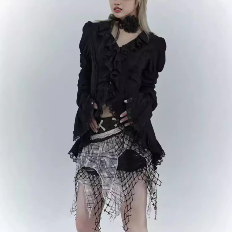 Cross-Border Aliexpress Y2K Gothic Dark Retro Lace Design Pleated Waist Long-Sleeved Shirt Women's Top