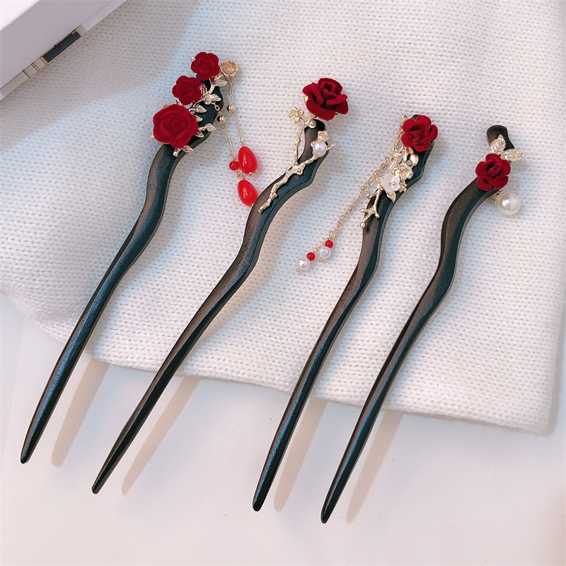 Nueva horquilla de flor de rosa de madera china de alta calidad, bloqueo de larga duración, borla, horquilla para el cabello, accesorios para la cabeza de las mujeres, horquilla para el cabello