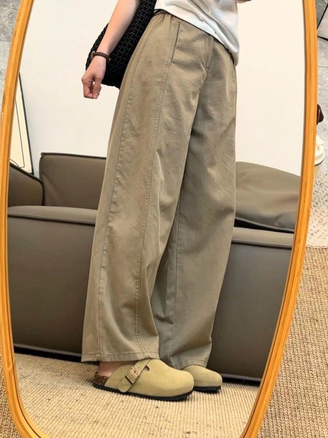 复古休闲卡其色牛仔裤女春夏高腰宽松显百搭工装裤慵懒风阔腿裤