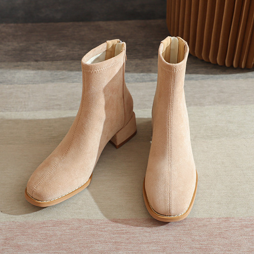 Women's thick-heeled short boots, low-heeled French nude boots, winter slim boots with back zipper, simple socks, socks boots, soft women's shoes