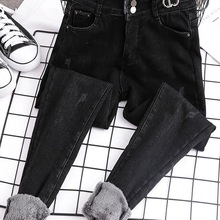 黑色弹力加厚紧身小脚冬季铅笔裤高腰羊羔绒哈伦加绒牛仔裤女新款