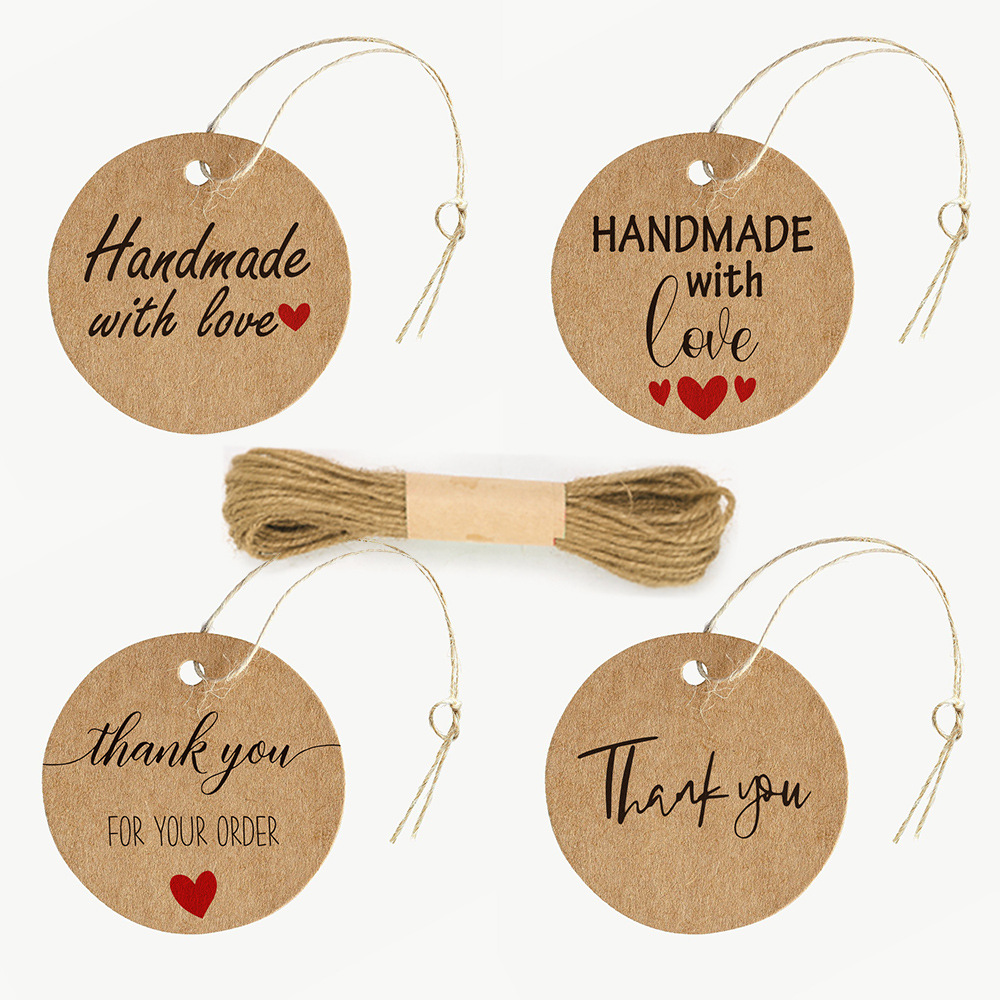 Cross-border wholesale 50pcs/bag with 10m hemp rope thank you label tag kraft paper handmade 
