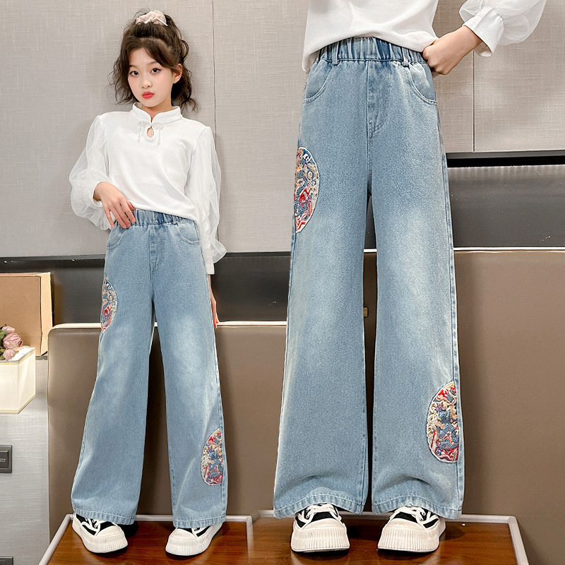 Girls' Denim Spring and Autumn 2024 New Arrival Children's Straight Leg Medium and Large Kids Wide Leg Spring Outfit Chinese Style Loose Long Pants