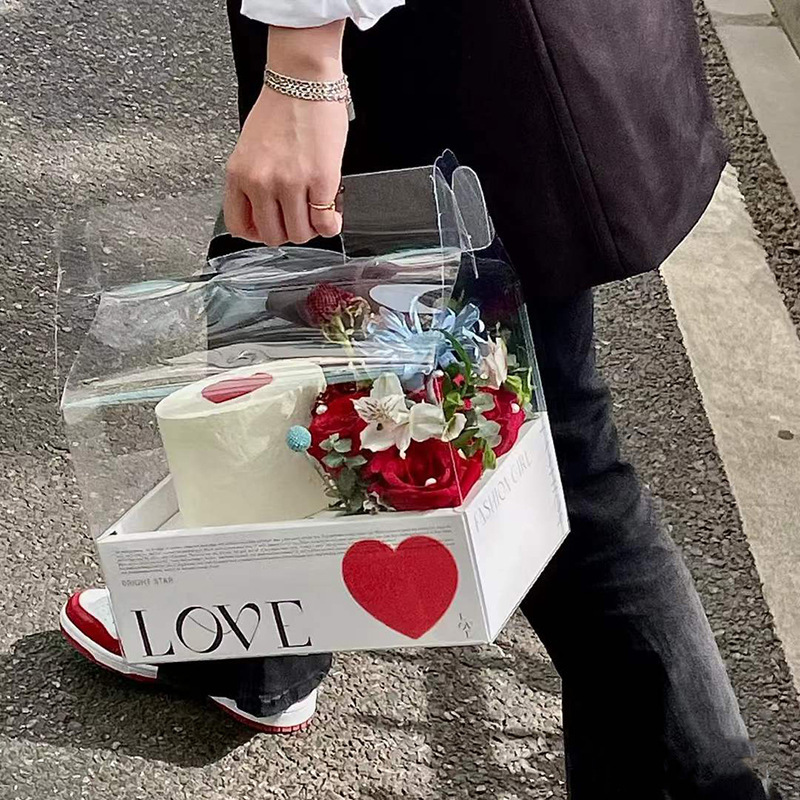 网红520情人节爱心love透明蛋糕盒 七夕情人节鲜花装饰手提蛋糕盒