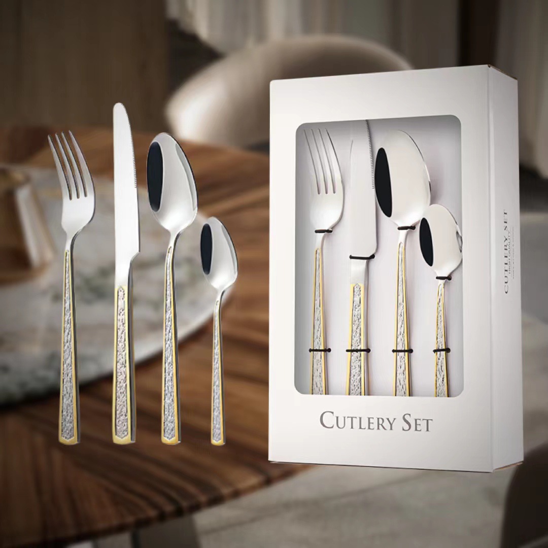 Transfronterizo Amazon nueva vajilla de acero inoxidable de 24 piezas conjunto 6-Persona occidental cuchillo de carne, tenedor y cuchara caja de regalo traje