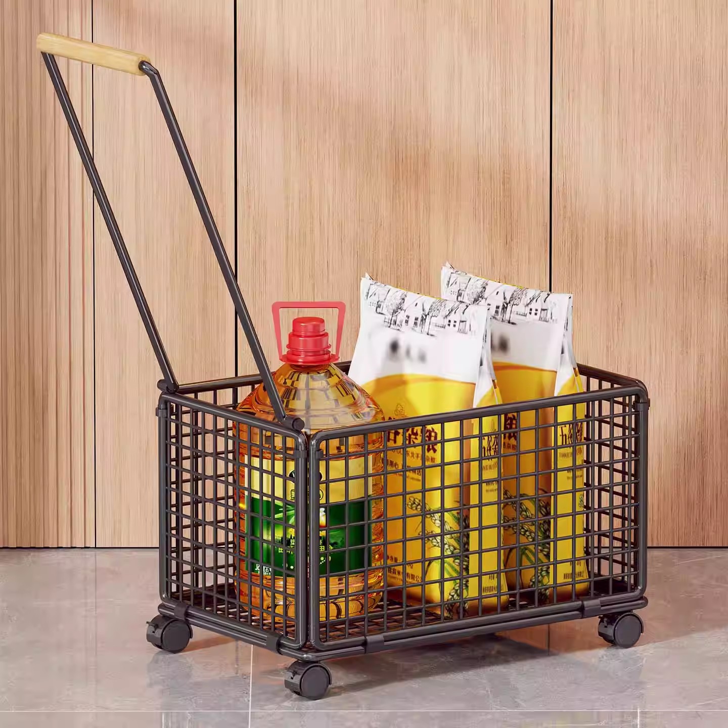Carrito de Compras Portátil de Hierro y Madera, Móvil, para Comprar Verduras