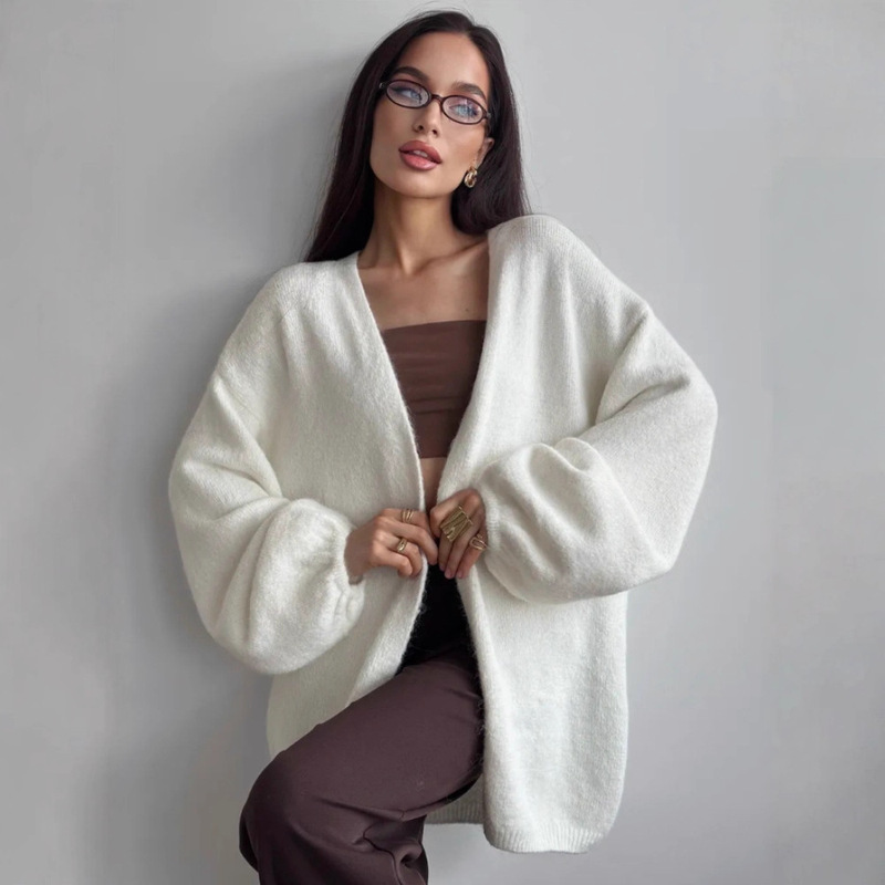 Cross-Border Autumn and Winter Mid-Length Lantern Sleeve Sweater Jacket for Women, Outer Coat, Lazy Style Large Version Knitted Cardigan for Women