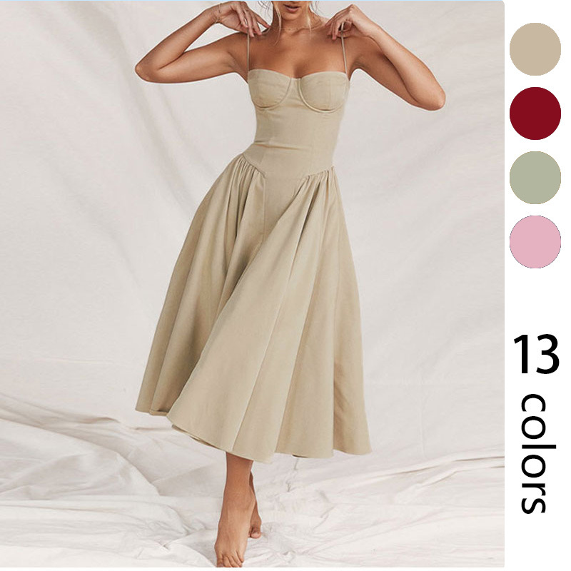 Foreign Trade 2026 Amazon European and American Women's Clothing Solid Color Spring Dress New Style Strapless Waist-Cinching Fashionable Sexy Long Dress