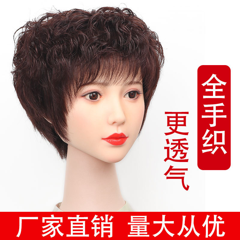Wig Women's Short Hair Mother's Real-Life Hand-Woven Full Head Cover Middle-Aged Full Hair Natural Curly Hair Xuchang Wig
