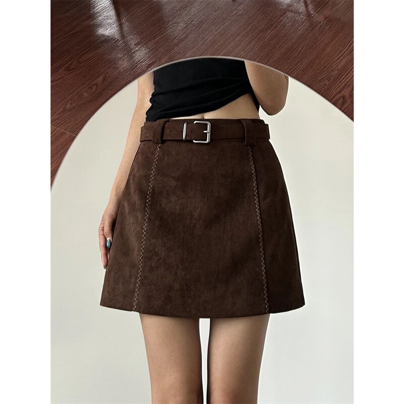Plus-Size Suede Skirt Pants, Brown Half-Skirt for Women, Spring and Autumn Thickened Pu Leather Skirt, High-Waisted Slimming A-Line Faux Suede Short Skirt