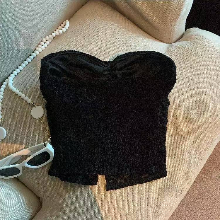 Women’s Black Lace Slit Tube Top Bustier with Built-in Chest Pads and Open Back Design — detail image 2