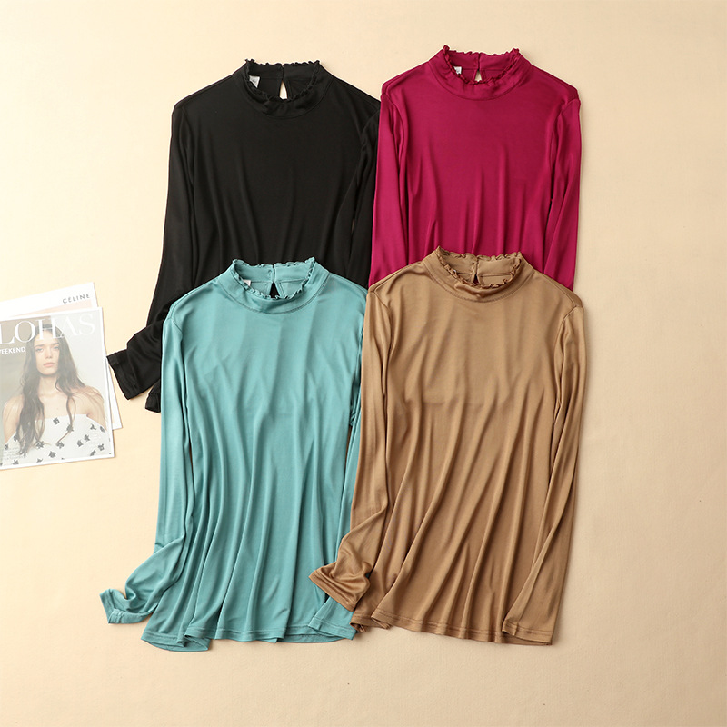 Autumn and Winter New Silk Half-High Collar Long-Sleeved Base Shirt with Vertical Collar Chinese Style Warm Inner Top Women's Mulberry Silk